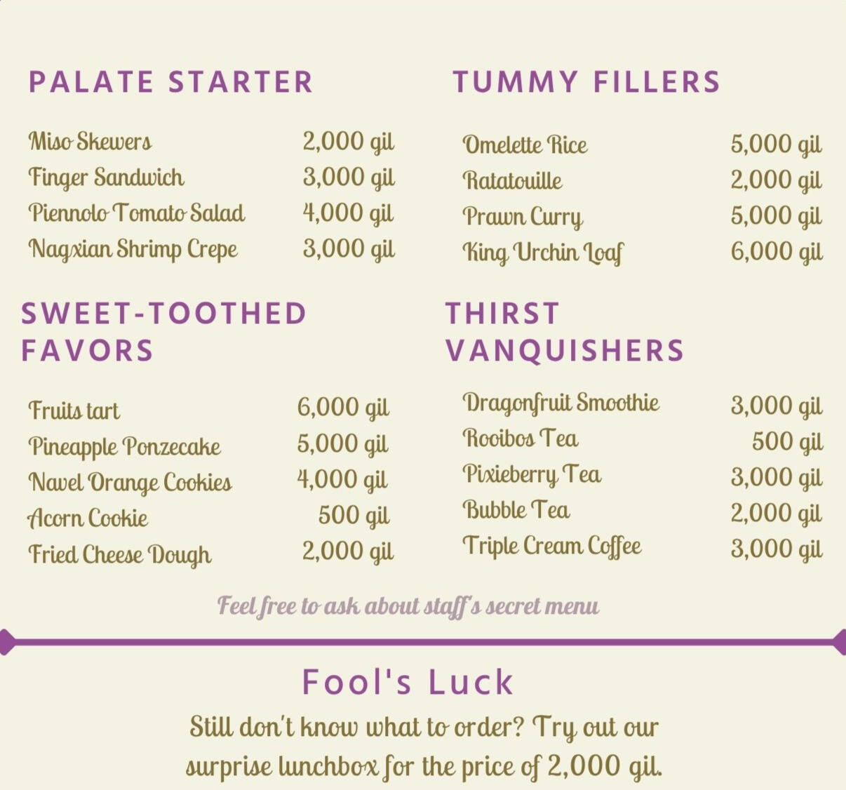 Sandglass Cafe Menu