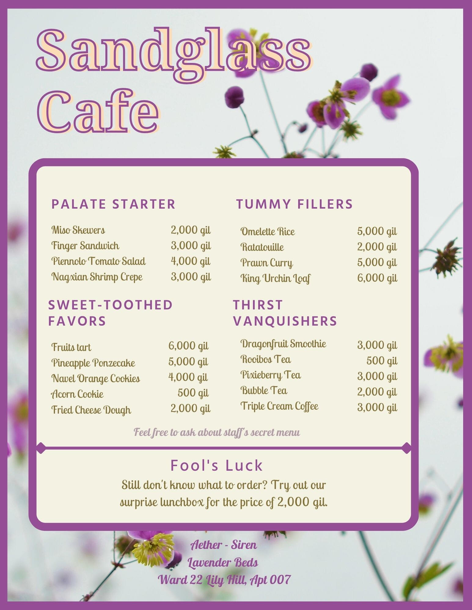 Sandglass Cafe Menu