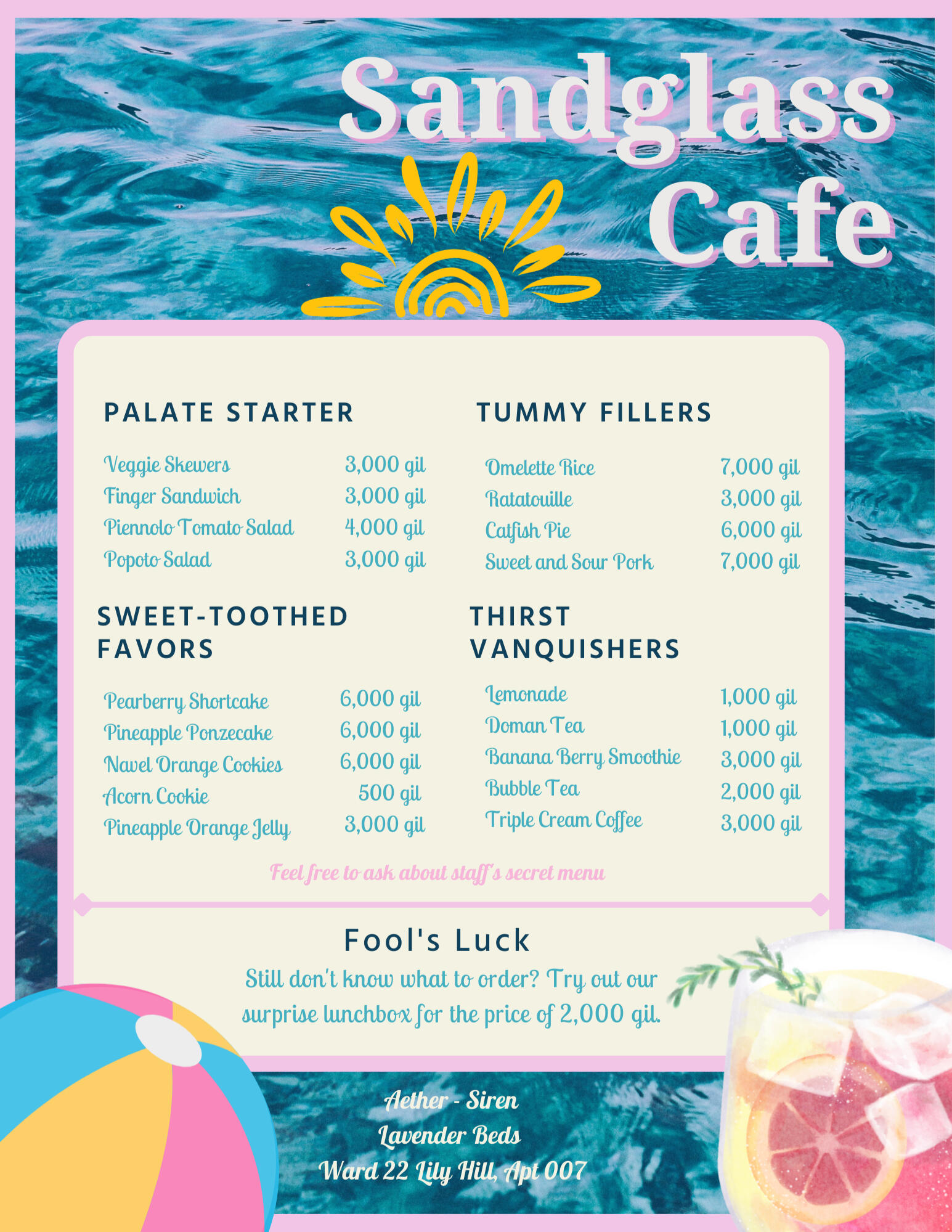 Sandglass Cafe Menu