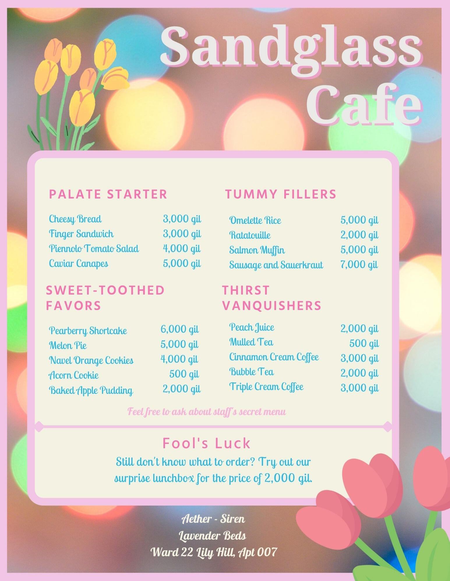 Sandglass Cafe Menu
